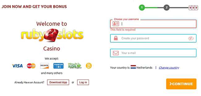 Регистрация в казино Ruby slots